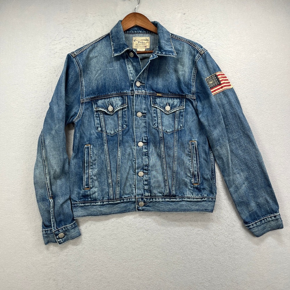 Polo Ralph Lauren Denim Jacket Mens Medium Blue USA Flag Patch Trucker Americana
